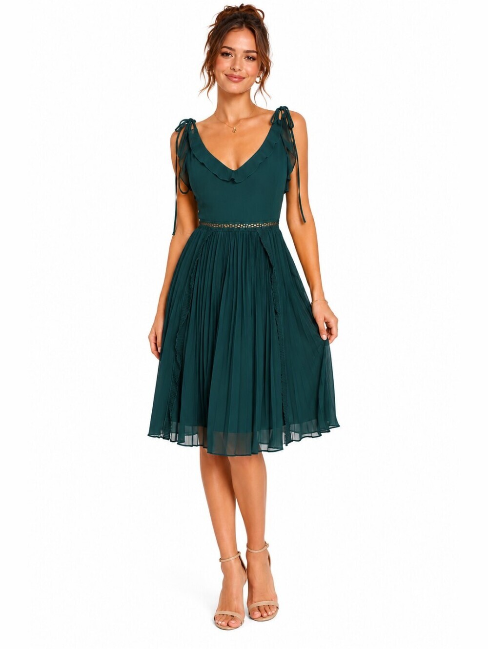 Lulus Forest Green Chiffon Pleated Midi Dress Tie Strap Wedding Guest Small